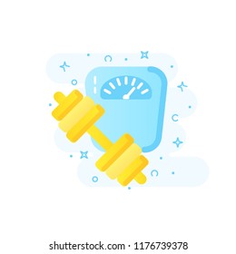 Icono de diseño plano de escalas y barra, concepto para la pérdida de peso y el deporte. Concepto de Anuncio de estilo de vida saludable. Ilustración vectorial moderna.