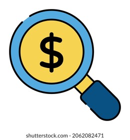 Un icono de diseño plano del dólar de búsqueda