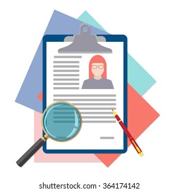Flat design icon of searching professional staff, analyzing resume, recruitment, human resources management, work of hr. Vector illustration. Head hunting concept. 