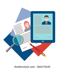 Flat design icon of searching professional staff, analyzing resume, recruitment, human resources management, work of hr. Vector illustration. Head hunting concept. 