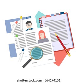 Flat design icon of searching professional staff, analyzing resume, recruitment, human resources management, work of hr. Vector illustration. Head hunting concept. 