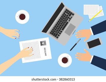 Flat design icon of searching professional staff, analyzing resume, recruitment, human resources management. Human Resource Working Place Desk Documents 
