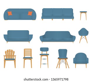 Flat design icon set of chair sofa and furniture. Modern furniture in flat gradient style. Vector Illustration 