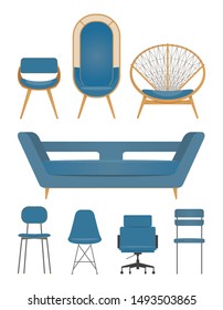 Flat design icon set of chair sofa and furniture. Modern furniture in flat gradient style. Furniture icon  for Interior design or home decoration. Vector Illustration. 