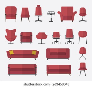 Flat design  icon set of chair and sofa in marsala color. Vector. Illustration.