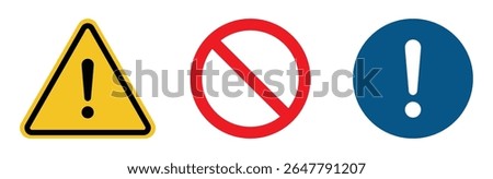 Flat design icon set featuring a yellow warning triangle, red prohibition sign, and blue mandatory exclamation symbol. Perfect for safety, alerts, and regulatory signs in vector format.