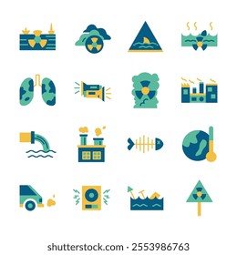 Flat Design Icon Set of Global Warming Factory Waste Pollution Nature World