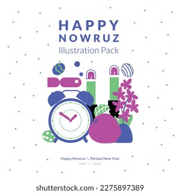 Flat Design Icon Set of haft sin. new year 1402. Nowruz Greeting Card. Iranian celebration. Haft Sin is a symbol of life and freshness. greeting card of happy nowruz. Iranian new year banner.
