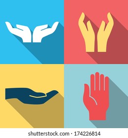 Flat design icon set of hands in many and different gesture. Vector illustration. 