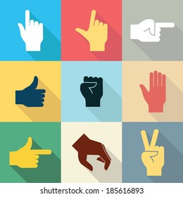 Flat design icon set of hands in many and different gesture with long shadow set 2. Vector illustration.