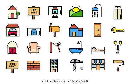 diseño plano de la casa de conjunto de iconos color completo 