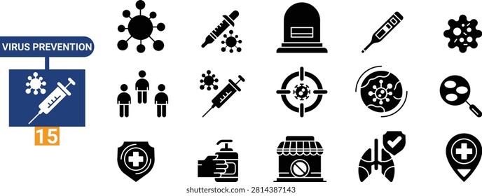 Flat design icon set illustrating virus prevention measures including handwashing, masks, social distancing, and disinfection