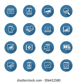 Flat Design Icon Set. Long Shadow  laptop, tablet, phone, computer, analysis, communication, presentation, movie, search, compatibility, presentation, profile, checklist.