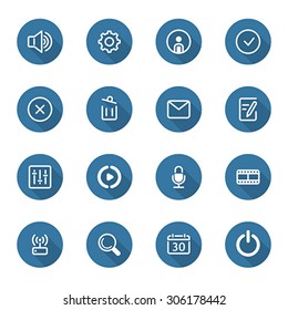 Flat Design Icon Set of  movie network, equalizer, microphone recorder, sound speaker, settings, personal profile, envelope, mail, movie player, wifi, search, calendar, power button with long shadow.