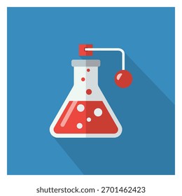 Un icono de diseño plano muestra un frasco de química rojo con líquido burbujeante, sobre un fondo azul, que simboliza la investigación científica y los experimentos de laboratorio.