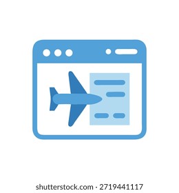Um ícone de desenho plano que mostra um documento de avião e de bilhete dentro de uma janela do navegador, simbolizando as reservas de linha aérea online.