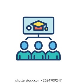 Um ícone de design plano mostrando um grupo participando de uma apresentação educacional on-line com o ícone de tampa de graduação na tela.