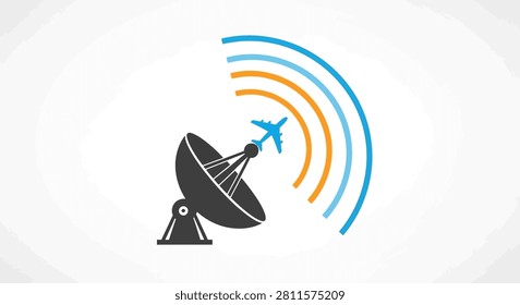 A flat design icon showing a satellite dish transmitting signals to an airplane symbol representing aviation communication and tracking technology