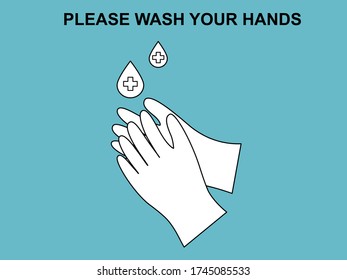 Símbolo de diseño plano símbolo de signo de las manos lavando la salud médica higiénica, letras de texto por favor lavar las manos, limpiar carteles de la mano ilustración vectorial prevención de bacterias y gérmenes de virus