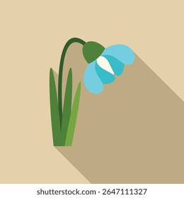Flat design icon of a single blue snowdrop flower with green stem and leaves, isolated on beige background with a long shadow