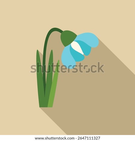 Flat design icon of a single blue snowdrop flower with green stem and leaves, isolated on beige background with a long shadow
