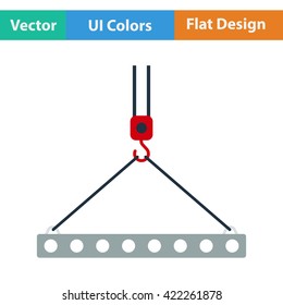 Flat design icon of slab hanged on crane hook by rope slings  in ui colors.