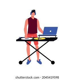 Flat design icon of smiling dj teenager on white background vector illustration