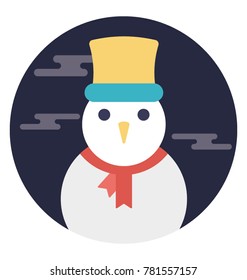 A flat design icon of snowman dressed up in warm clothes, night time in the background