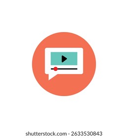 Ícone de design plano de uma bolha de fala com uma interface de player de vídeo interna. Representa comunicação de vídeo, streaming ou compartilhamento de mídia online. Ideal para plataformas digitais, de mídia e de conteúdo.