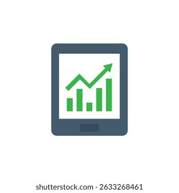 Flat design icon of a tablet displaying a rising bar chart with a green arrow, representing growth, analytics, statistics, or mobile financial data visualization.