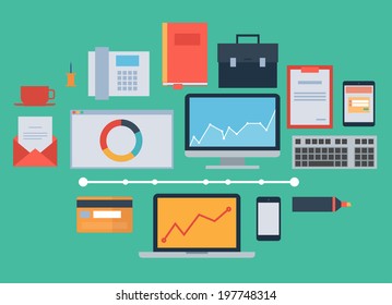 Flat design icon vector collection concept - business, finance and marketing elements, office things, equipment