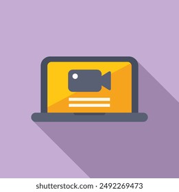 Flat design icon of video editing software interface on a laptop screen with purple background