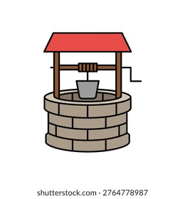 Flat design icon of a water well, representing rural life, fresh water source, and village architecture.
