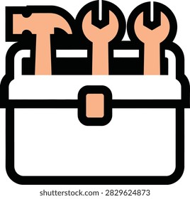 Flat design icon of a white toolbox containing a hammer and two wrenches. Simple illustration representing maintenance, repair, and construction tools for websites and apps.