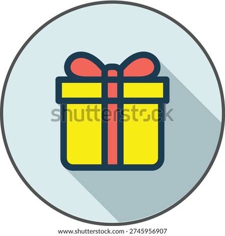 Flat design icon of a yellow gift box with a red ribbon, representing surprise, celebration, and special occasions