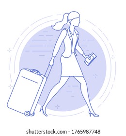 Flat design icon of young woman with suitcase in the airport.