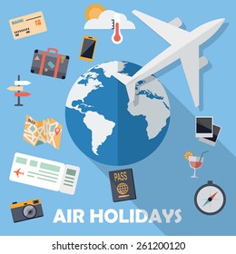 Flat design icons, air holidays background