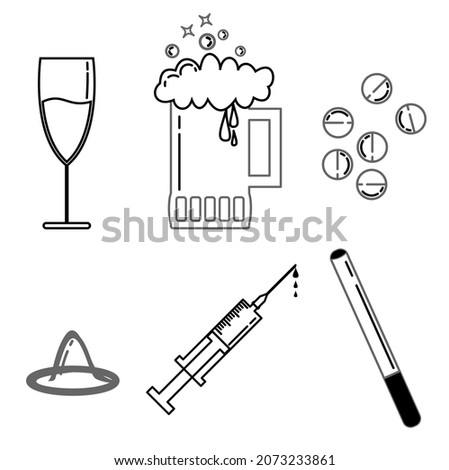 flat design icons of alcoholic drinks and drugs. suitable for juvenile delinquency prevention icon and society