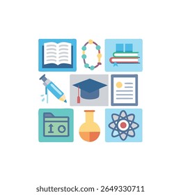 Flat design icons arranged on a White Background. Includes books, graduation cap, atom, certificate, beads, flask, folder, and pencil icons.