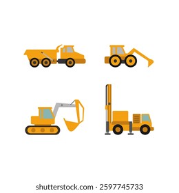 Flat Design Icons of Articulated Dump Truck, Excavator, Drilling Rig, and Mini Excavator – Mining and Construction Equipment. Perfect for mining, construction, heavy machinery, industrial operations