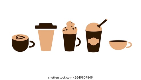 Flat design icons of coffee cups and mugs in brown and beige tones
