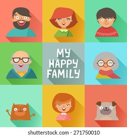 Flat design icons collection of family members avatars: mom, dad, son, daughter, grandmother, grandfather, dog and cat. Vector colorful illustrations in flat style.