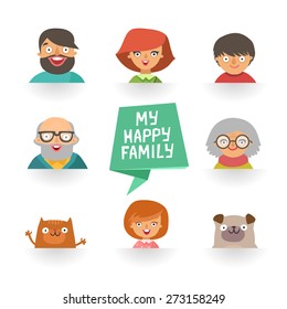 Flat Design Icons Collection Of Family Members Avatars: Mom, Dad, Son, Daughter, Grandmother, Grandfather, Dog And Cat, Ribbon With 