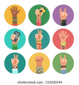 Flat design icons collection of hands of different young people. New Generation avatars set. Vector illustration in flat design