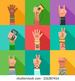 Flat design icons collection of hands of different young people. New Generation avatars set. Vector colorful illustration in flat design