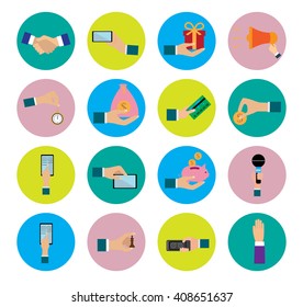 Flat design icons collection of hands using a variety of products. Hand in business situations.