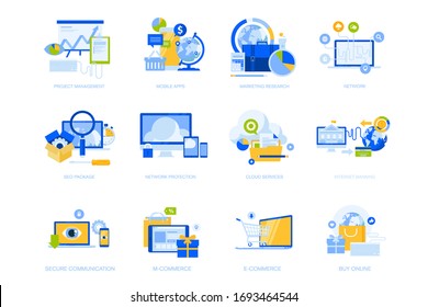 Flat design icons collection. Vector illustrations for project management, mobile apps and services, social network, cloud services, e-commerce and m-commerce, internet security, e-banking, SEO.