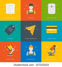 Flat design icons, Delivery man, Credit Card, Sale Tag. Vector business symbols for website and promotion banners. 