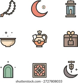 Ícones de design plano que retratam símbolos culturais e religiosos islâmicos como contas de oração, lua crescente, lanterna e motivos decorativos