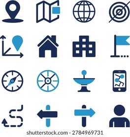 Flat design icons depicting navigation travel location and direction symbols with modern minimalist style